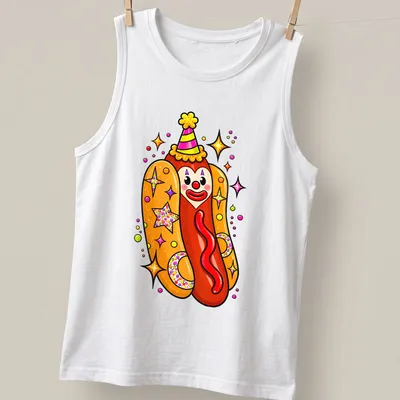 Colorful cartoon clown hot dog with a party hat in vibrant colors — printed on a tank top