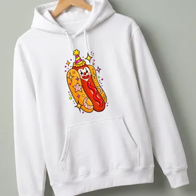 Colorful cartoon clown hot dog with a party hat in vibrant colors — printed on a unisex hoodie
