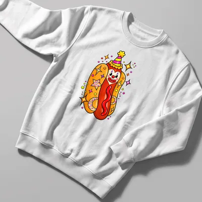 Colorful cartoon clown hot dog with a party hat in vibrant colors — printed on a unisex sweatshirt