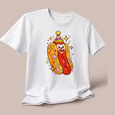 Colorful cartoon clown hot dog with a party hat in vibrant colors — printed on a unisex t-shirt (angled view)