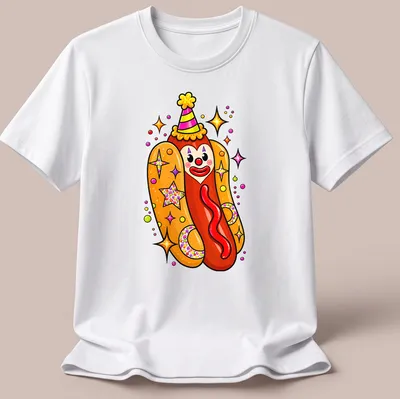 Colorful cartoon clown hot dog with a party hat in vibrant colors