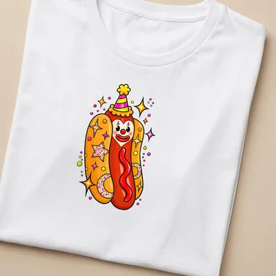 Colorful cartoon clown hot dog with a party hat in vibrant colors — printed on a women's shirt