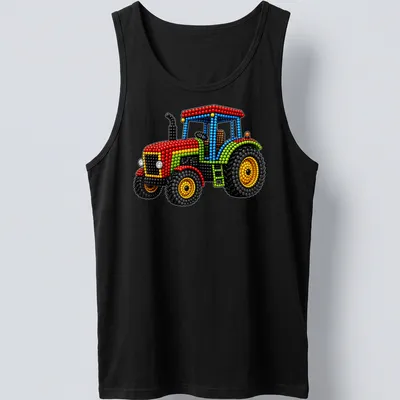 Colorful dots art depicting a funny tractor with playful lettering — printed on a tank top