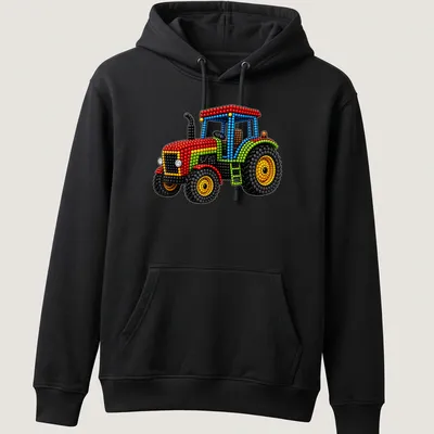 Colorful dots art depicting a funny tractor with playful lettering — printed on a unisex hoodie