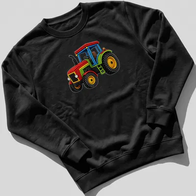 Colorful dots art depicting a funny tractor with playful lettering — printed on a unisex sweatshirt
