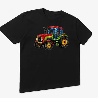 Colorful dots art depicting a funny tractor with playful lettering — printed on a unisex t-shirt (angled view)