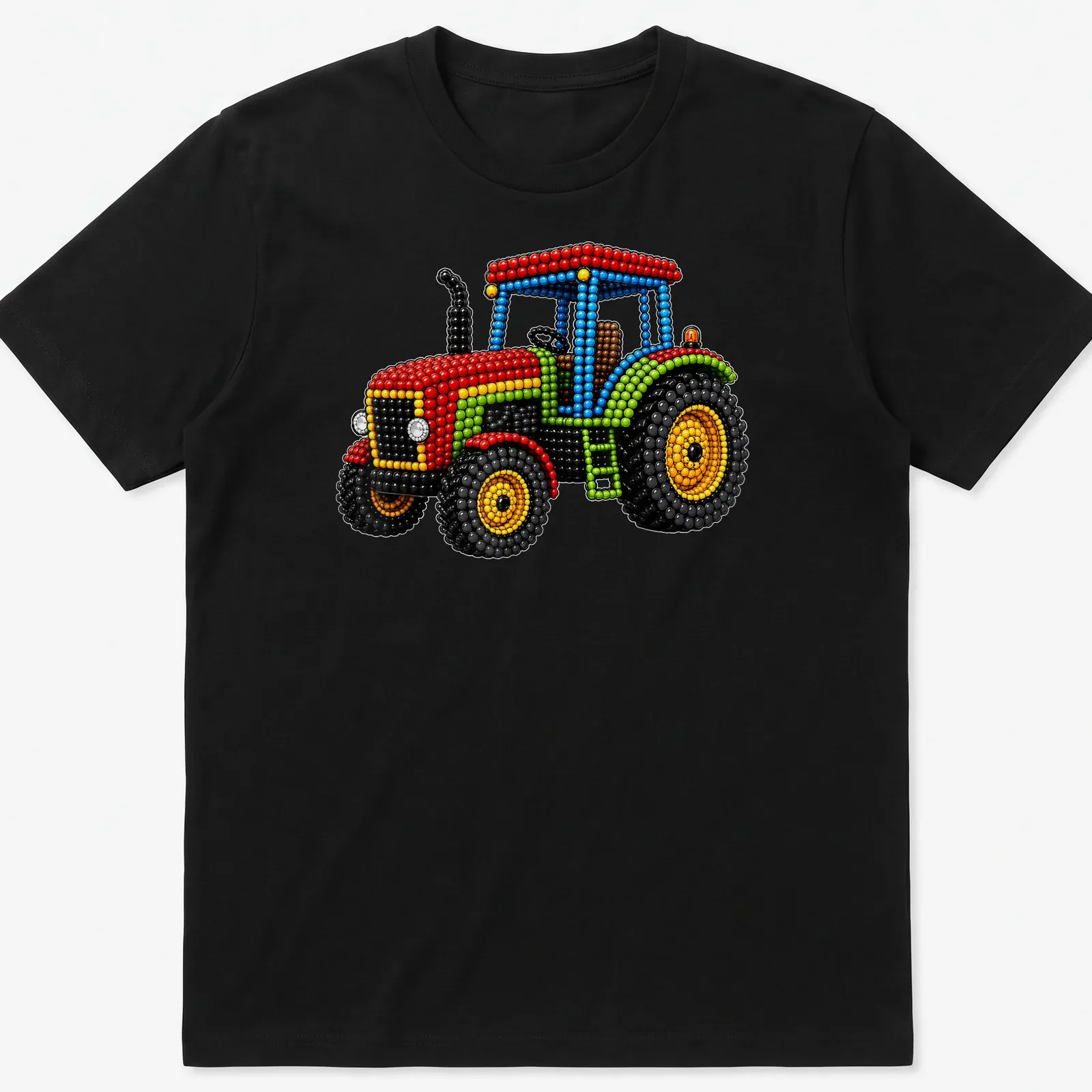 Colorful dots art depicting a funny tractor with playful lettering — printed on a unisex t-shirt