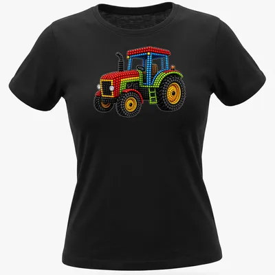 Colorful dots art depicting a funny tractor with playful lettering — printed on a women's shirt