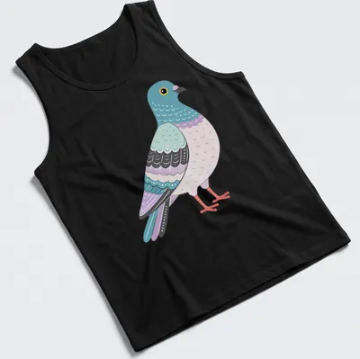 Retro illustration of a pigeon in light blue, purple, and pink colors — printed on a tank top