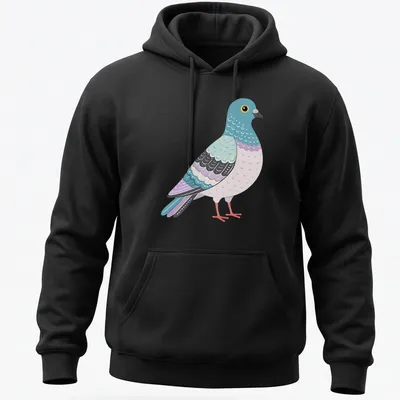 Retro illustration of a pigeon in light blue, purple, and pink colors — printed on a unisex hoodie
