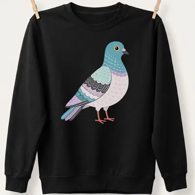 Retro illustration of a pigeon in light blue, purple, and pink colors — printed on a unisex sweatshirt