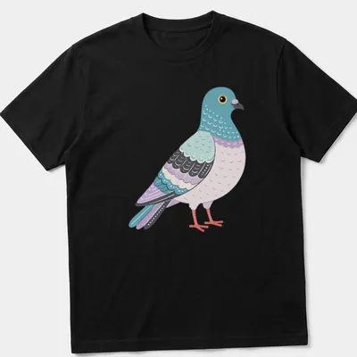 Retro illustration of a pigeon in light blue, purple, and pink colors — printed on a unisex t-shirt