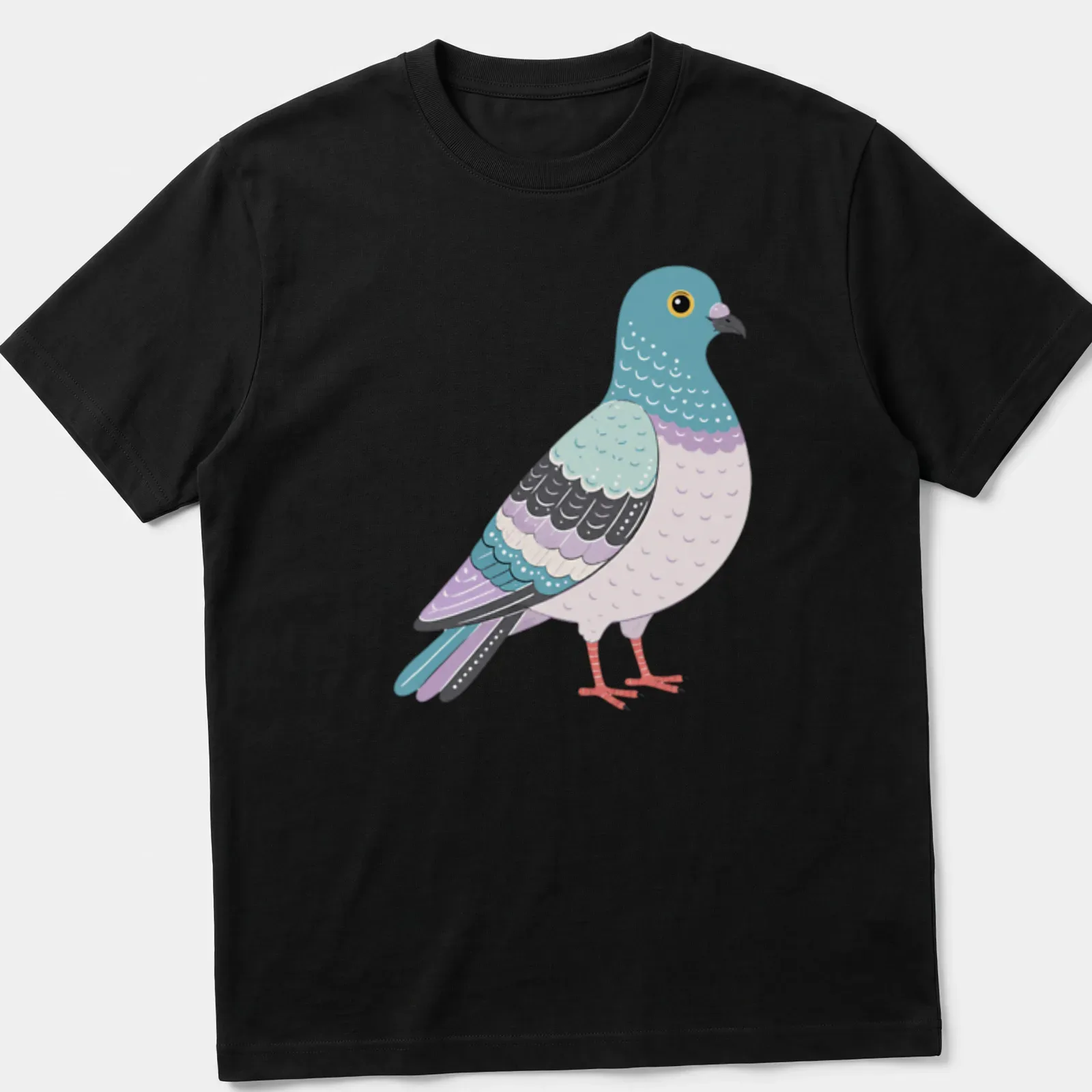 Retro illustration of a pigeon in light blue, purple, and pink colors — printed on a unisex t-shirt