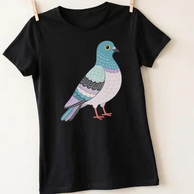 Retro illustration of a pigeon in light blue, purple, and pink colors — printed on a women's shirt