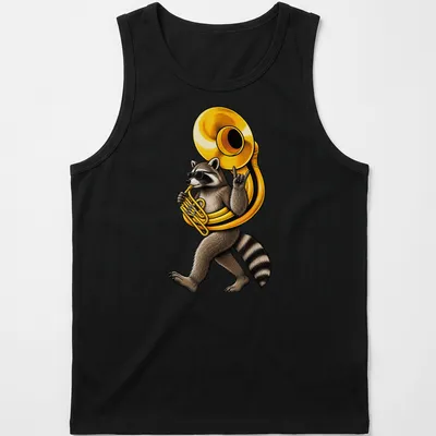 Cartoon raccoon playing sousaphone in brown, black, gold, and white colors. — printed on a tank top
