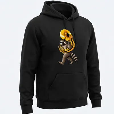 Cartoon raccoon playing sousaphone in brown, black, gold, and white colors. — printed on a unisex hoodie