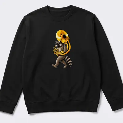 Cartoon raccoon playing sousaphone in brown, black, gold, and white colors. — printed on a unisex sweatshirt