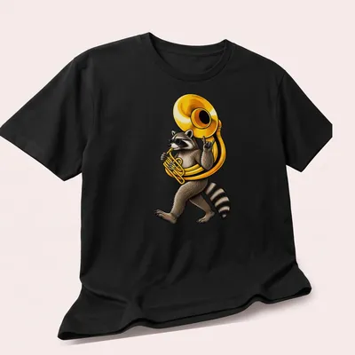 Cartoon raccoon playing sousaphone in brown, black, gold, and white colors. — printed on a unisex t-shirt (angled view)