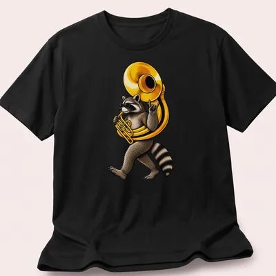 Cartoon raccoon playing sousaphone in brown, black, gold, and white colors. — printed on a unisex t-shirt