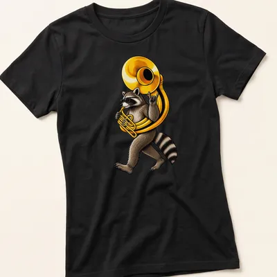 Cartoon raccoon playing sousaphone in brown, black, gold, and white colors. — printed on a women's shirt