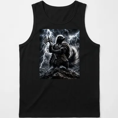 Fantasy skunk warrior holding an axe in black, gray, white, and silver colors — printed on a tank top