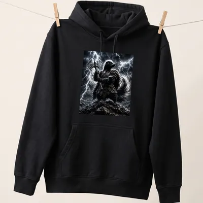 Fantasy skunk warrior holding an axe in black, gray, white, and silver colors — printed on a unisex hoodie