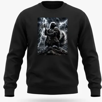 Fantasy skunk warrior holding an axe in black, gray, white, and silver colors — printed on a unisex sweatshirt