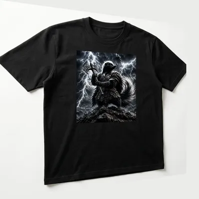 Fantasy skunk warrior holding an axe in black, gray, white, and silver colors — printed on a unisex t-shirt (angled view)