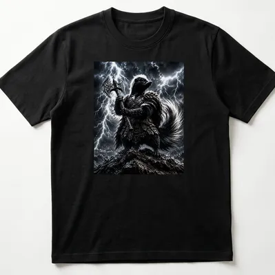 Fantasy skunk warrior holding an axe in black, gray, white, and silver colors — printed on a unisex t-shirt