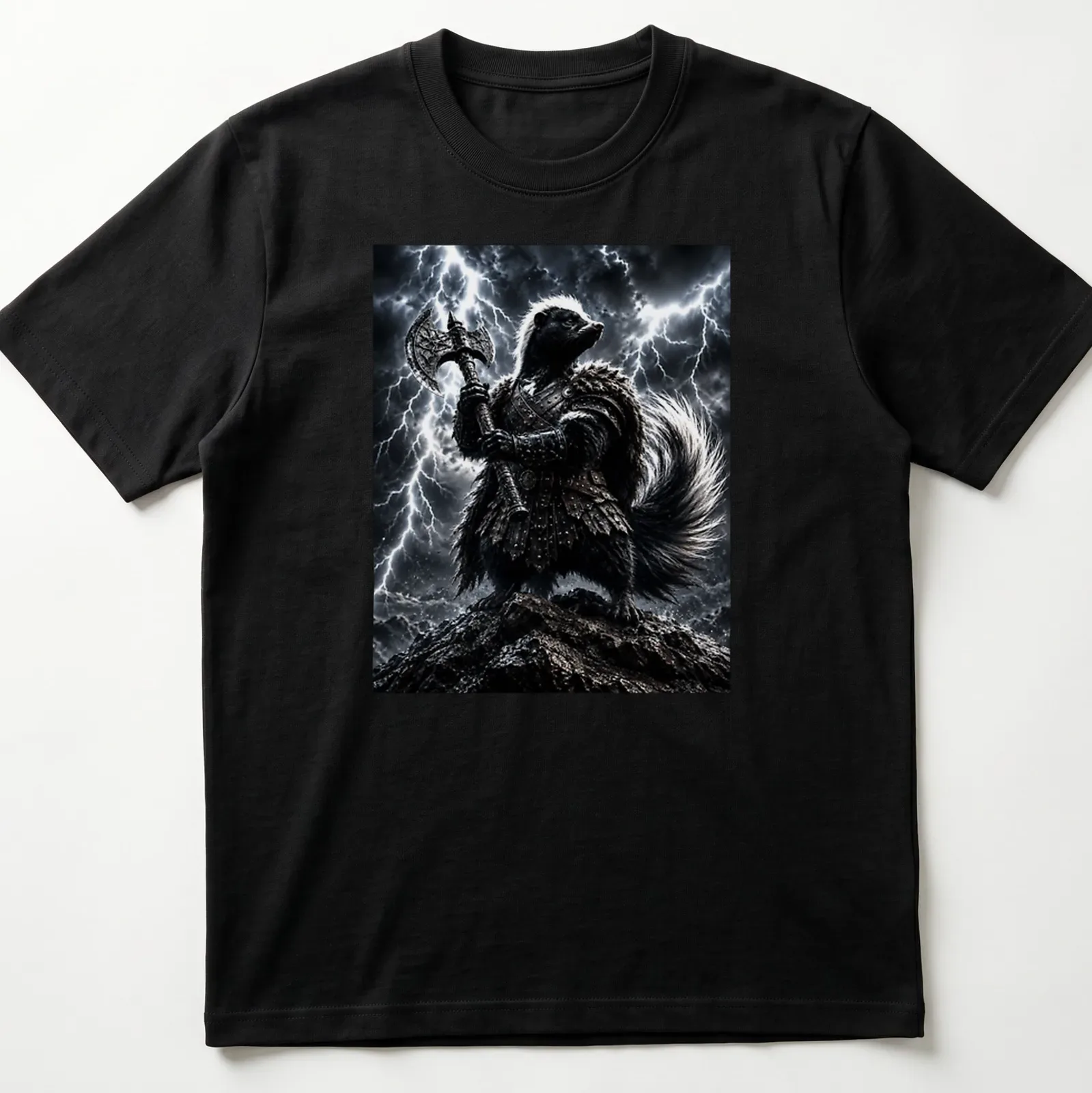 Fantasy skunk warrior holding an axe in black, gray, white, and silver colors — printed on a unisex t-shirt