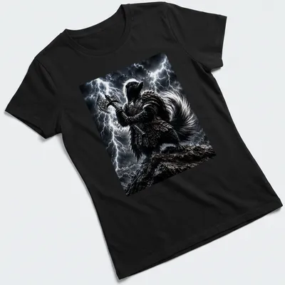 Fantasy skunk warrior holding an axe in black, gray, white, and silver colors — printed on a women's shirt