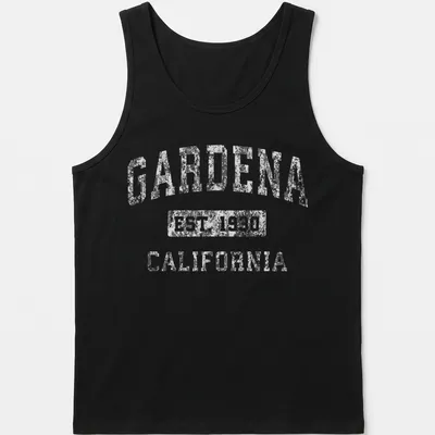 Vintage Gardena Established 1930 California T-shirt in black and white — printed on a tank top