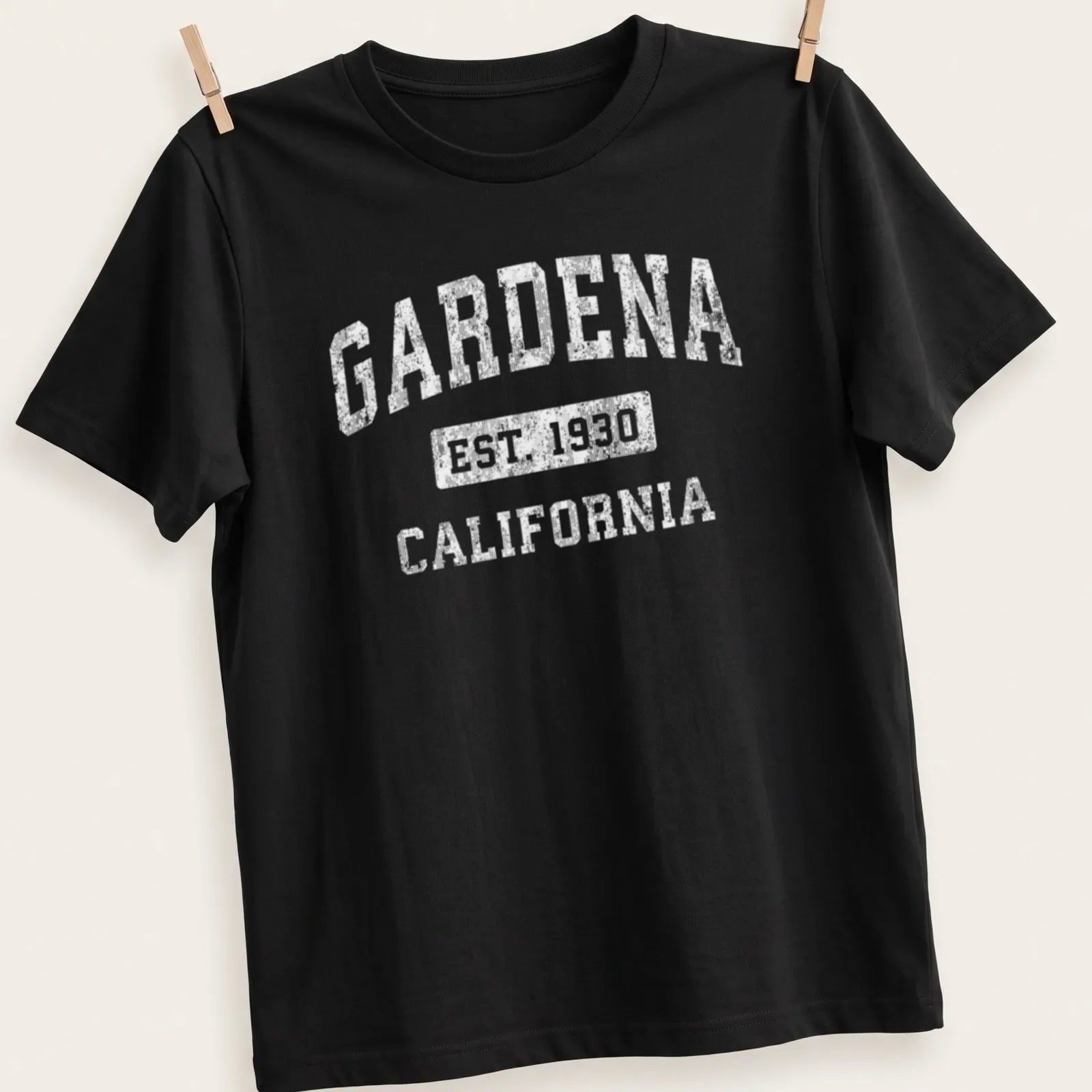 Vintage Gardena Established 1930 California T-shirt in black and white — printed on a unisex t-shirt