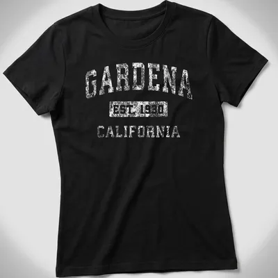 Vintage Gardena Established 1930 California T-shirt in black and white — printed on a women's shirt