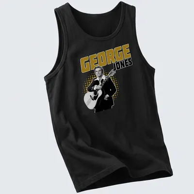 Vintage-style t-shirt featuring George Jones with a guitar in black, gold, and white — printed on a tank top
