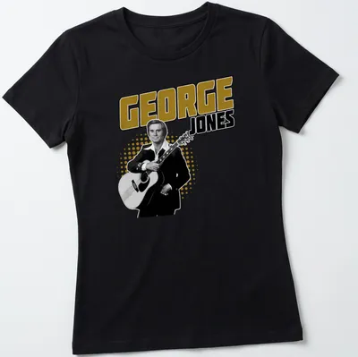 Vintage-style t-shirt featuring George Jones with a guitar in black, gold, and white — printed on a women's shirt