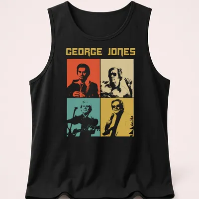 Colorful pop art shirt featuring George Jones's portrait in orange, yellow, teal, and white — printed on a tank top