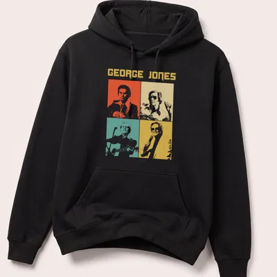 Colorful pop art shirt featuring George Jones's portrait in orange, yellow, teal, and white — printed on a unisex hoodie