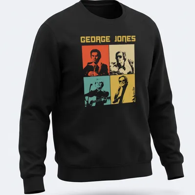 Colorful pop art shirt featuring George Jones's portrait in orange, yellow, teal, and white — printed on a unisex sweatshirt