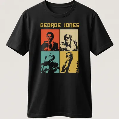 Colorful pop art shirt featuring George Jones's portrait in orange, yellow, teal, and white