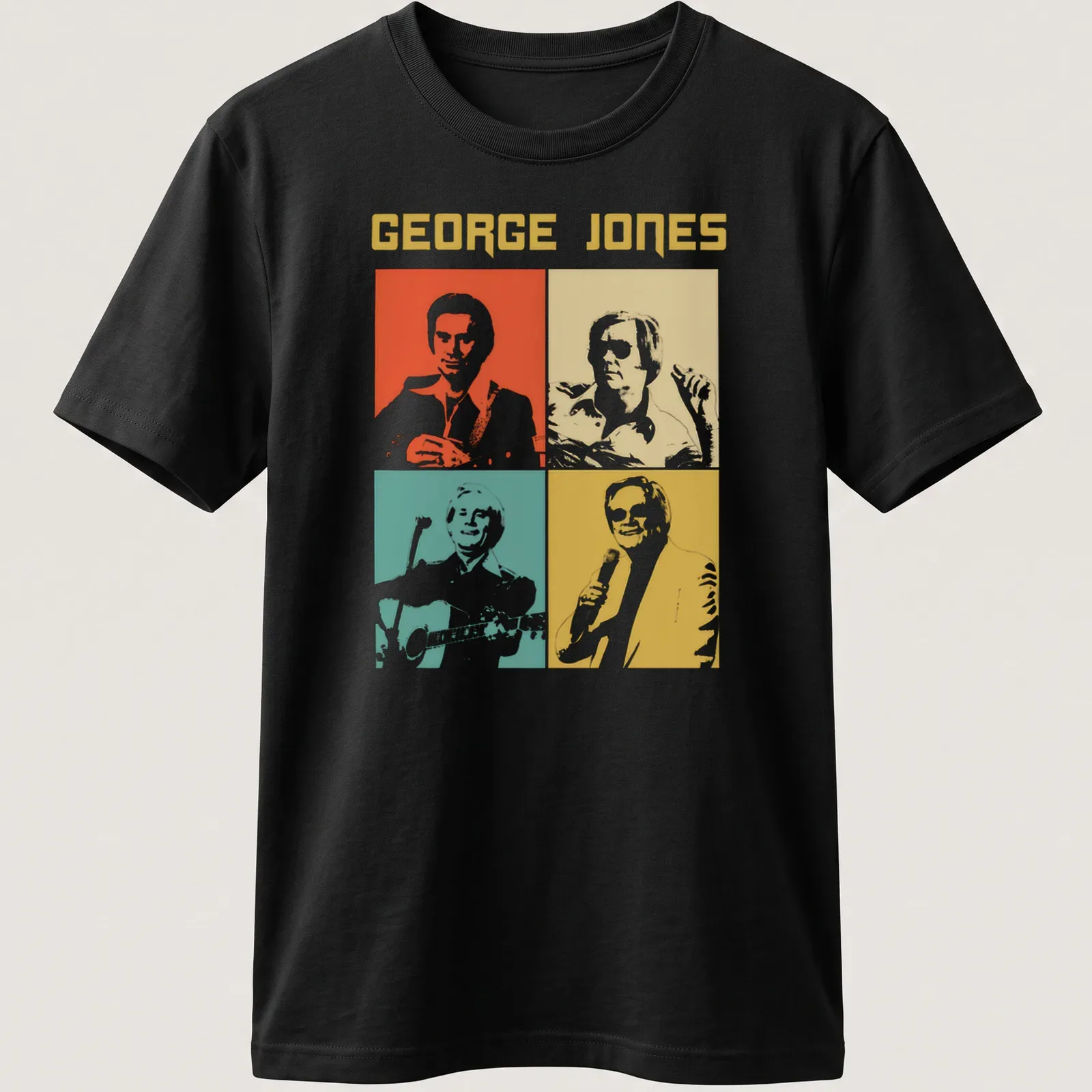 Colorful pop art shirt featuring George Jones's portrait in orange, yellow, teal, and white — printed on a unisex t-shirt