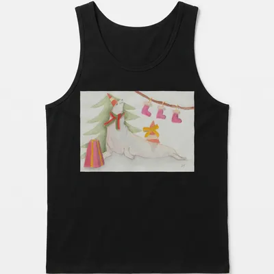 Playful seal with Christmas tree in watercolor style on a festive tee. — printed on a tank top