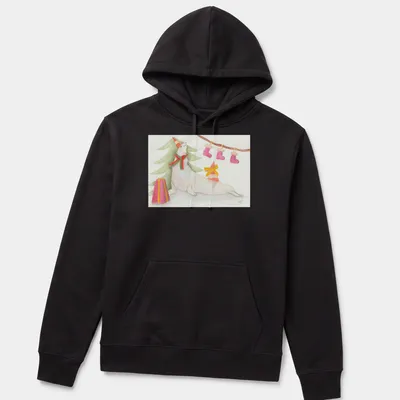 Playful seal with Christmas tree in watercolor style on a festive tee. — printed on a unisex hoodie