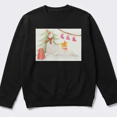 Playful seal with Christmas tree in watercolor style on a festive tee. — printed on a unisex sweatshirt