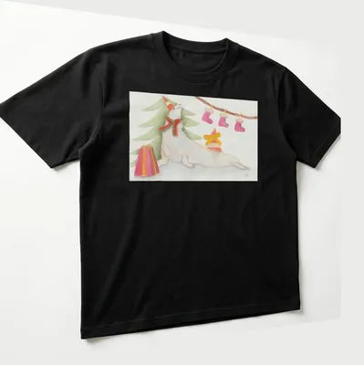 Playful seal with Christmas tree in watercolor style on a festive tee. — printed on a unisex t-shirt (angled view)