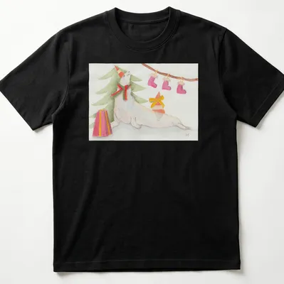 Playful seal with Christmas tree in watercolor style on a festive tee. — printed on a unisex t-shirt