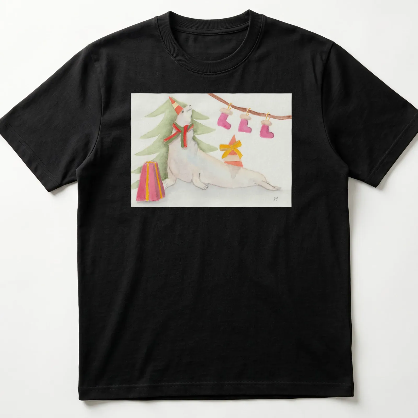 Playful seal with Christmas tree in watercolor style on a festive tee. — printed on a unisex t-shirt