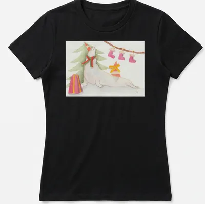 Playful seal with Christmas tree in watercolor style on a festive tee. — printed on a women's shirt