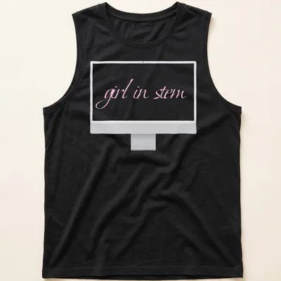 Cursive typography t-shirt featuring the phrase 'girl in stem' in pink — printed on a tank top