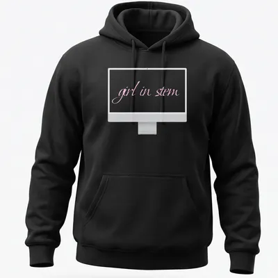 Cursive typography t-shirt featuring the phrase 'girl in stem' in pink — printed on a unisex hoodie